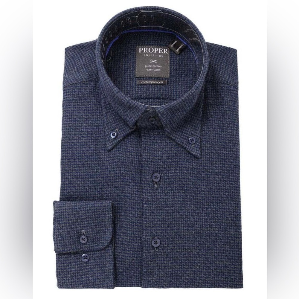 Proper Mens XL Cotton Navy Blue Houndstooth Contemporary Fit Flannel Dress Shirt